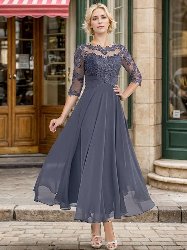 A-line Bateau 3/4 Sleeves Appliques Lace Ankle-Length Chiffon Mother of the Bride Dress