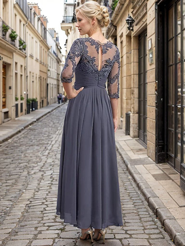 A-line Bateau 3/4 Sleeves Appliques Lace Ankle-Length Chiffon Mother of the Bride Dress
