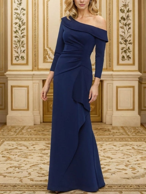 Sheath One-Shoulder Long Sleeves Pleated Floor-Length Charmeuse Mother of the Bride Dress