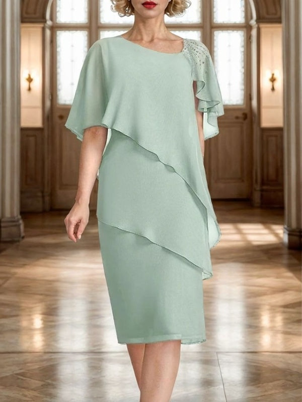 Sheath 1/2 Sleeves Ruffles Tea-Length Chiffon Mother of the Bride Dress