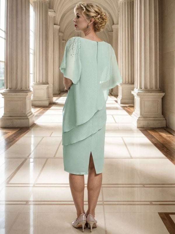 Sheath 1/2 Sleeves Ruffles Tea-Length Chiffon Mother of the Bride Dress