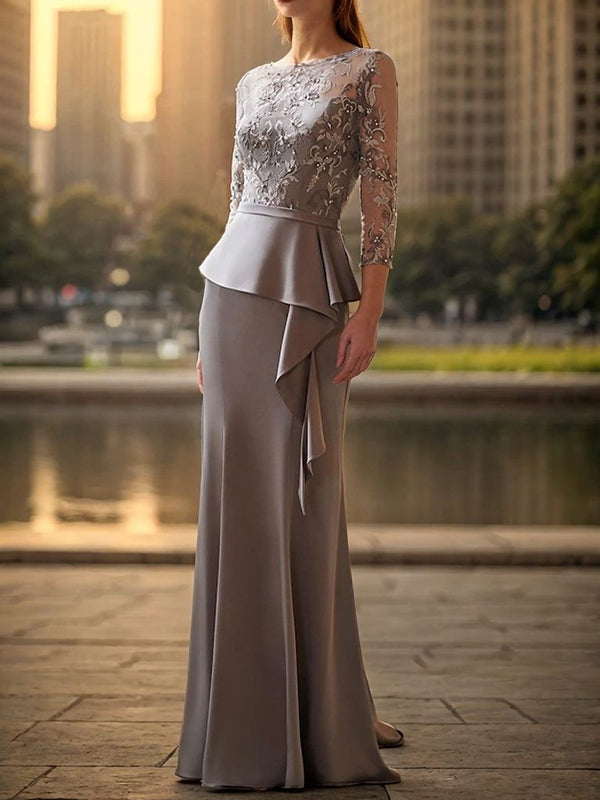 Sheath Bateau 3/4 Sleeves Appliques Lace Sweep Train Charmeuse Mother of the Bride Dress