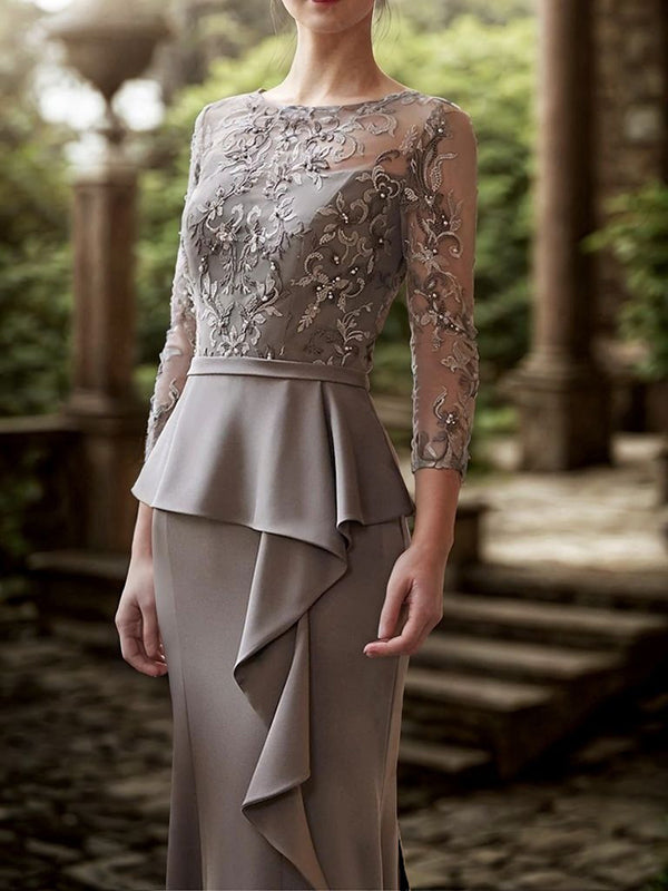 Sheath Bateau 3/4 Sleeves Appliques Lace Sweep Train Charmeuse Mother of the Bride Dress
