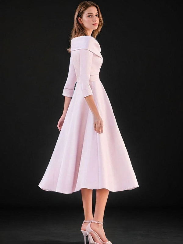A-line V-neck 3/4 Sleeves Ruffles Tea-Length Satin Mother of the Bride Dress