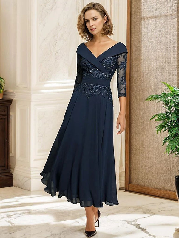 A-line V-neck 3/4 Sleeves Ruffles Ankle-Length Chiffon Mother of the Bride Dress