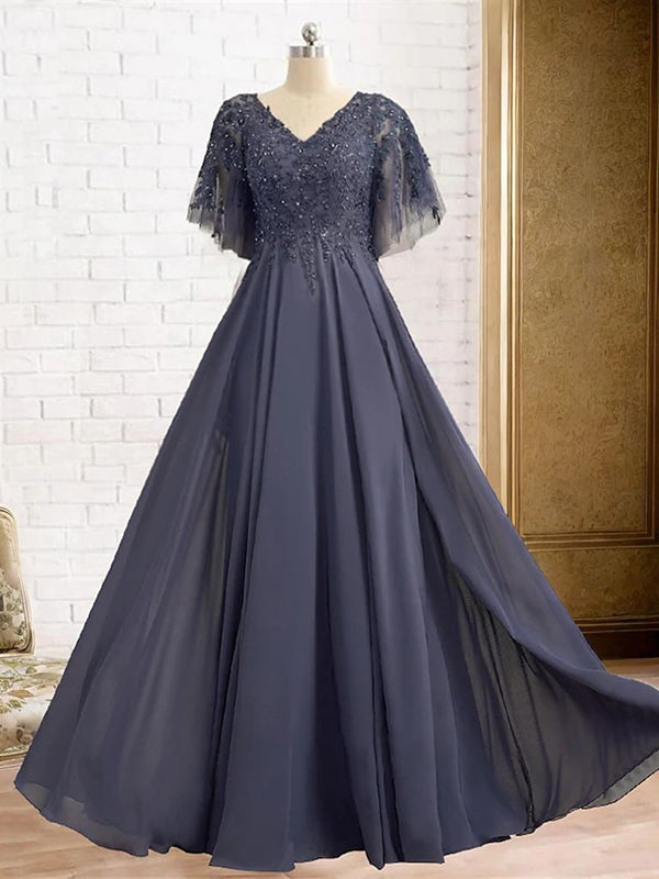 A-line V-neck Short Sleeves Ruffles Floor-Length Chiffon Mother of the Bride Dress