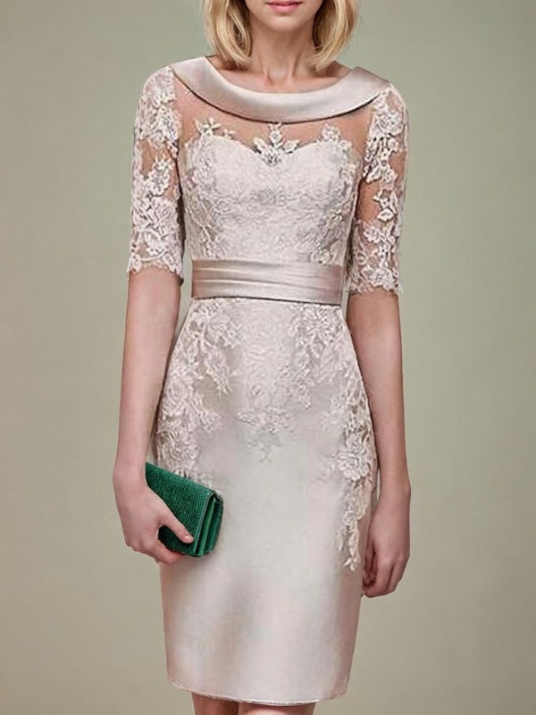 Sheath Bateau 1/2 Sleeves Appliques Lace Knee-Length Satin Mother of the Bride Dress