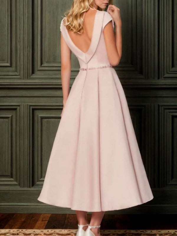 A-line Scoop Short Sleeves Beading Tea-Length Satin Mother of the Bride Dress