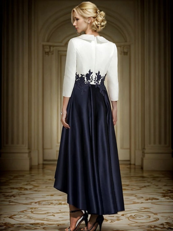 A-line V-neck 3/4 Sleeves Appliques Lace Asymmetrical Satin Mother of the Bride Dress