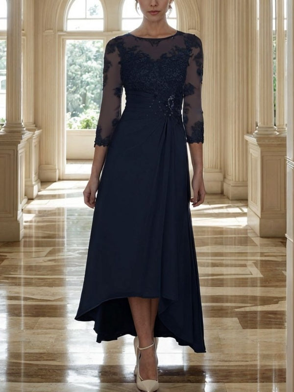 A-line Scoop 3/4 Sleeves Appliques Lace Asymmetrical Chiffon Mother of the Bride Dress
