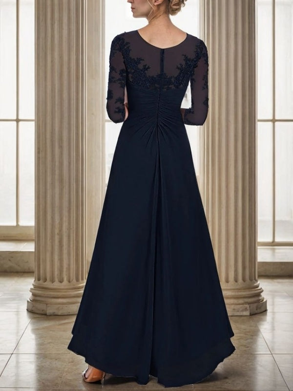 A-line Scoop 3/4 Sleeves Appliques Lace Asymmetrical Chiffon Mother of the Bride Dress