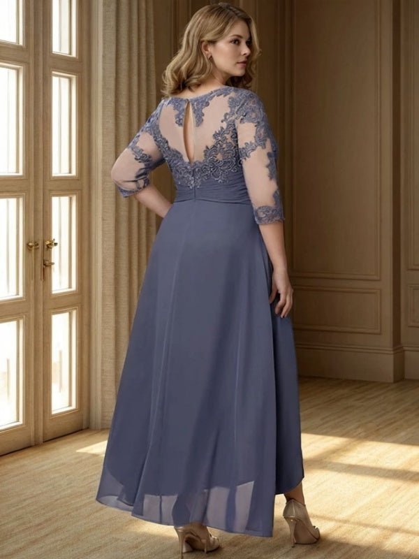 A-line Scoop 3/4 Sleeves Appliques Lace Asymmetrical Chiffon Mother of the Bride Dress