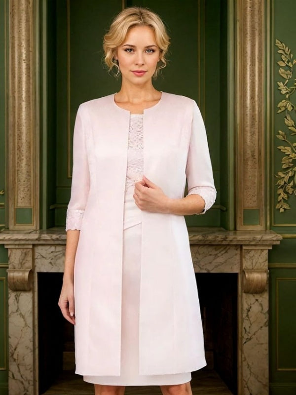 Sheath Scoop 3/4 Sleeves Appliques Lace Knee-Length Satin Mother of the Bride Dress