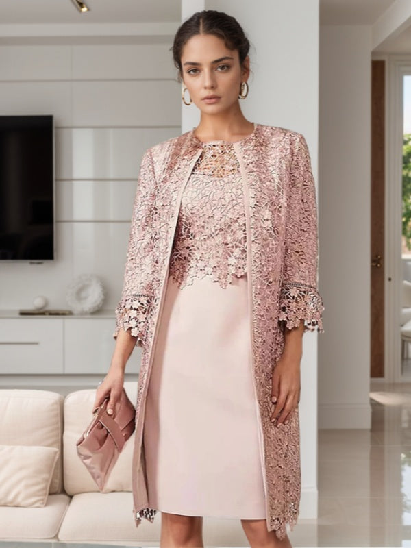 Sheath Scoop Appliques Lace Knee-Length Satin Mother of the Bride Dress