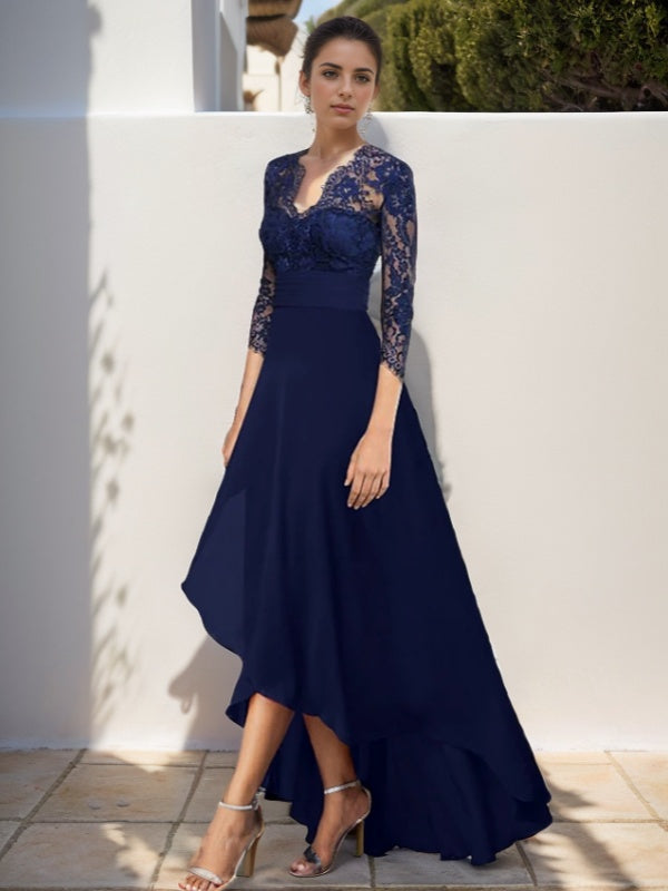 A-line V-neck 3/4 Sleeves Appliques Lace Asymmetrical Chiffon Mother of the Bride Dress