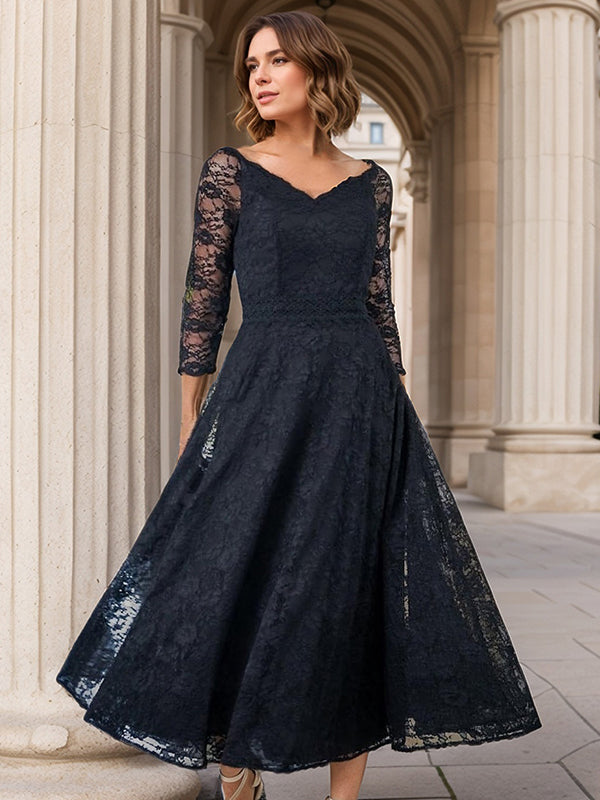 A-line V-neck 3/4 Sleeves Ruffles Tea-Length Lace Mother of the Bride Dress