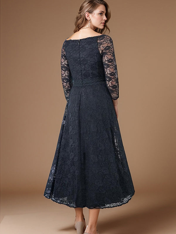 A-line V-neck 3/4 Sleeves Ruffles Tea-Length Lace Mother of the Bride Dress