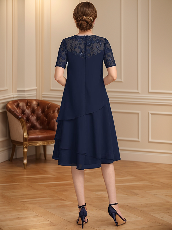 A-line Scoop Short Sleeves Appliques Lace Tea-Length Chiffon Mother of the Bride Dress