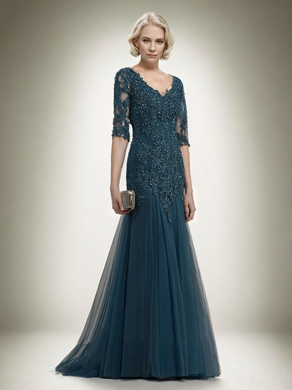 Sheath V-neck 1/2 Sleeves Appliques Lace Sweep Train Tulle Mother of the Bride Dress