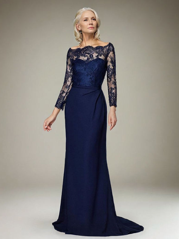 Sheath Bateau Long Sleeves Appliques Lace Sweep Train Stretch Crepe Mother of the Bride Dress