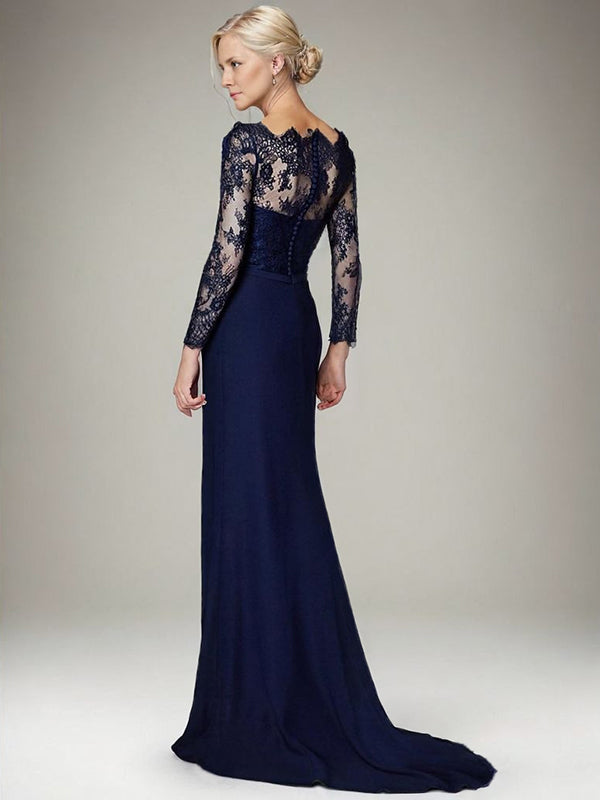 Sheath Bateau Long Sleeves Appliques Lace Sweep Train Stretch Crepe Mother of the Bride Dress