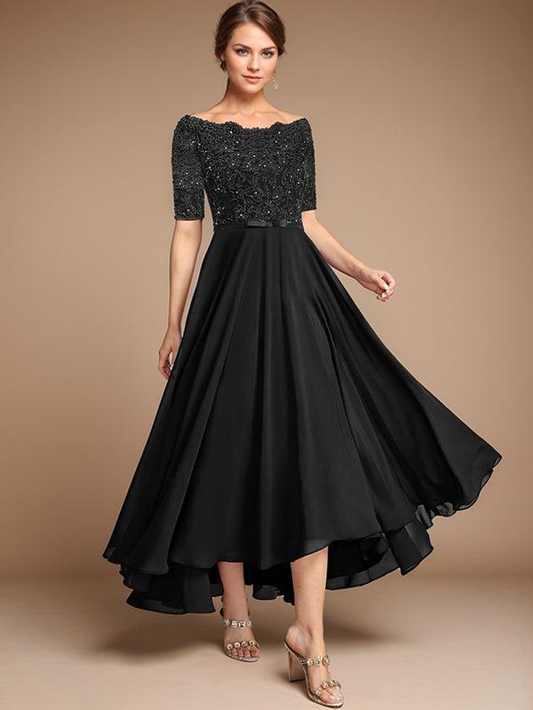 A-line Bateau 1/2 Sleeves Appliques Lace Asymmetrical Chiffon Mother of the Bride Dress