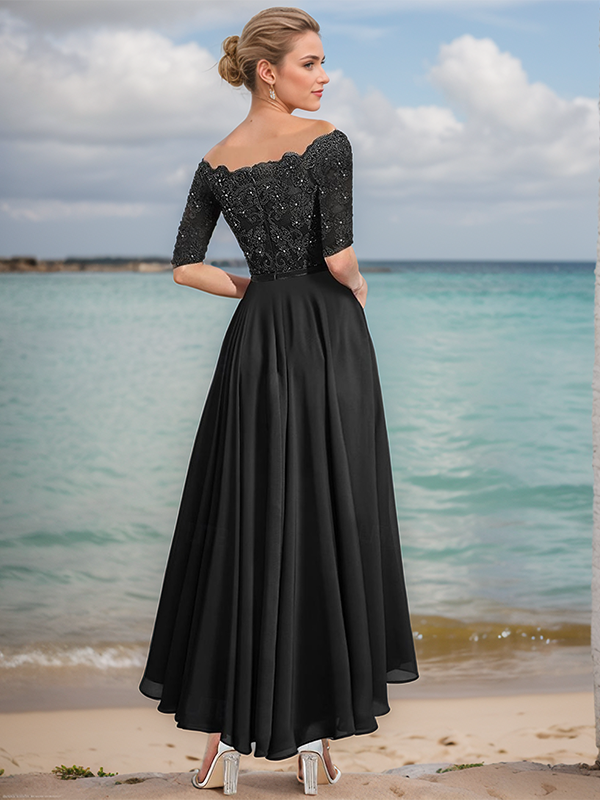 A-line Bateau 1/2 Sleeves Appliques Lace Asymmetrical Chiffon Mother of the Bride Dress