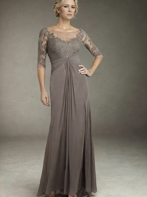 Sheath Scoop 3/4 Sleeves Appliques Lace Floor-Length Chiffon Mother of the Bride Dress