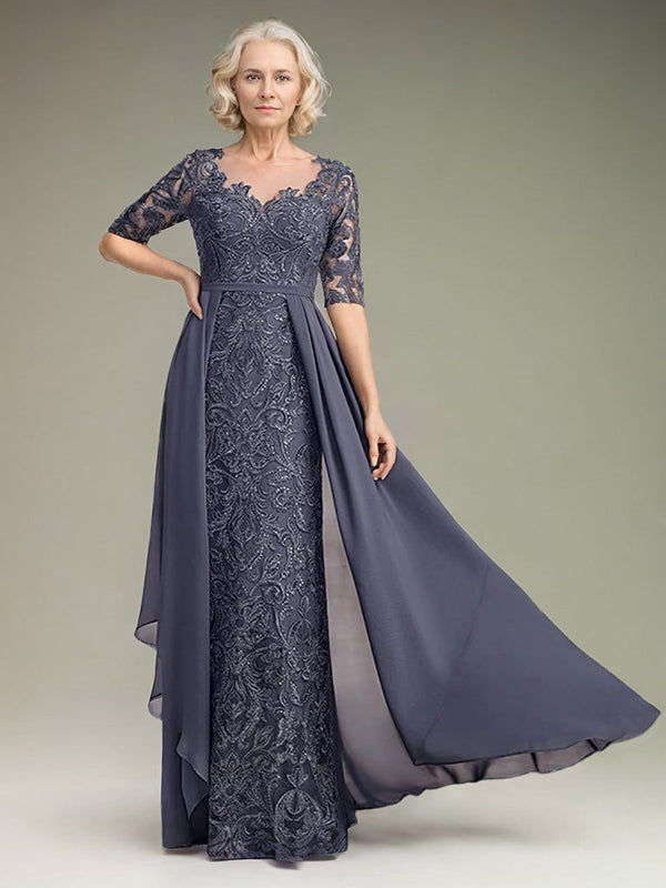 Sheath Scoop 1/2 Sleeves Appliques Lace Floor-Length Chiffon Mother of the Bride Dress