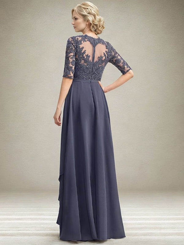 Sheath Scoop 1/2 Sleeves Appliques Lace Floor-Length Chiffon Mother of the Bride Dress