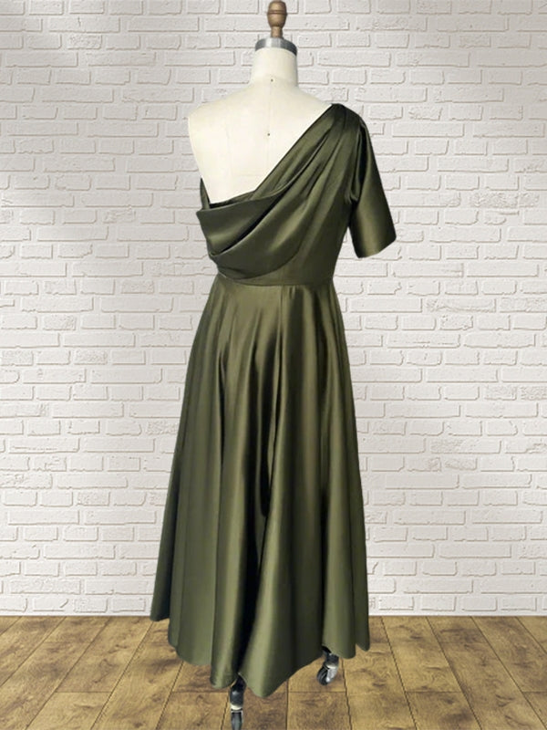 A-line Short Sleeves Pleated Ankle-Length Silk like Satin Mother of the Bride Dress