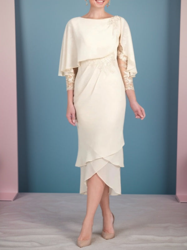 Sheath Bateau 3/4 Sleeves Ruffles Tea-Length Chiffon Mother of the Bride Dress