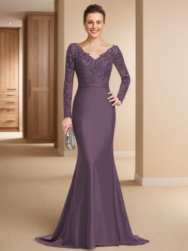 Mermaid V-neck Long Sleeves Appliques Lace Sweep Train Silk like Satin Mother of the Bride Dress