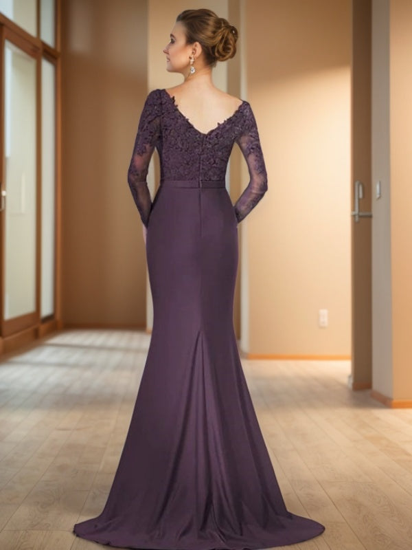 Mermaid V-neck Long Sleeves Appliques Lace Sweep Train Silk like Satin Mother of the Bride Dress