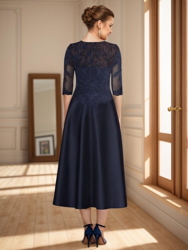 A-line Scoop 1/2 Sleeves Appliques Lace Tea-Length Satin Mother of the Bride Dress