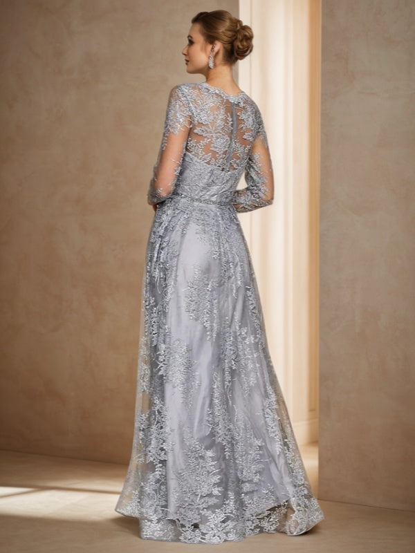 A-line V-neck Long Sleeves Ruffles Floor-Length Lace Mother of the Bride Dress