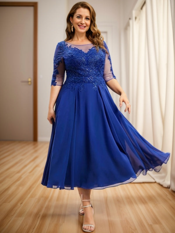 A-line Bateau 1/2 Sleeves Appliques Lace Tea-Length Chiffon Mother of the Bride Dress