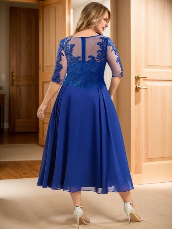 A-line Bateau 1/2 Sleeves Appliques Lace Tea-Length Chiffon Mother of the Bride Dress