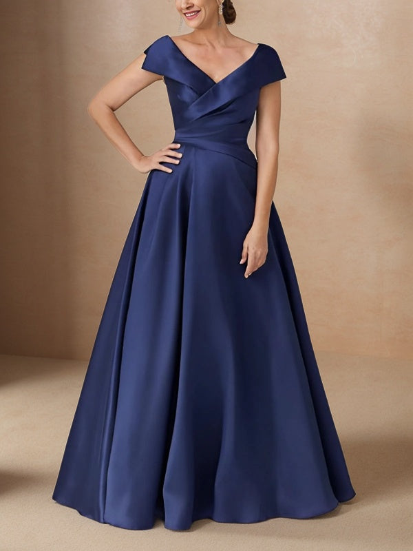 A-line V-neck Short Sleeves Ruffles Floor-Length Satin Mother of the Bride Dress