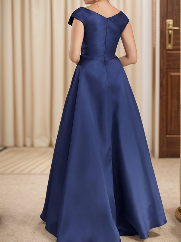 A-line V-neck Short Sleeves Ruffles Floor-Length Satin Mother of the Bride Dress