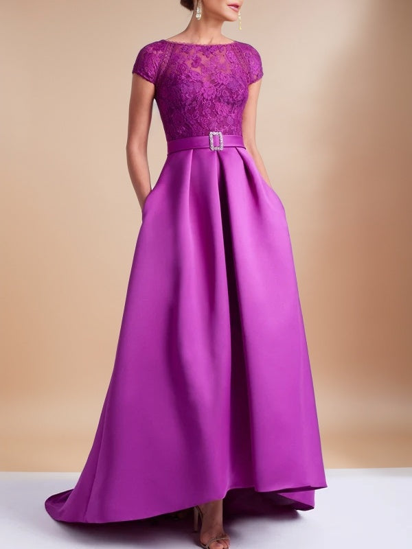 A-line Bateau Short Sleeves Appliques Lace Sweep Train Satin Mother of the Bride Dress