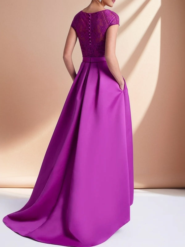 A-line Bateau Short Sleeves Appliques Lace Sweep Train Satin Mother of the Bride Dress