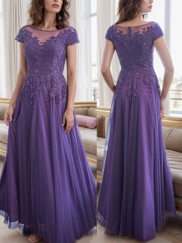 A-line Bateau Short Sleeves Appliques Lace Floor-Length Tulle Mother of the Bride Dress
