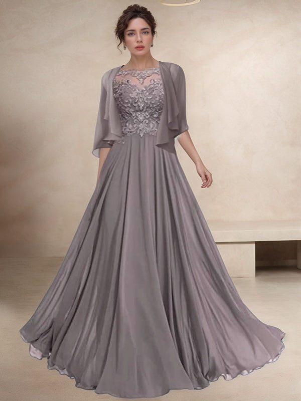 A-line Bateau 1/2 Sleeves Appliques Lace Floor-Length Chiffon Mother of the Bride Dress