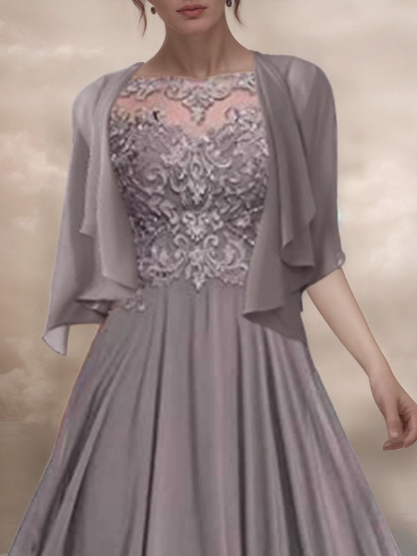 A-line Bateau 1/2 Sleeves Appliques Lace Floor-Length Chiffon Mother of the Bride Dress