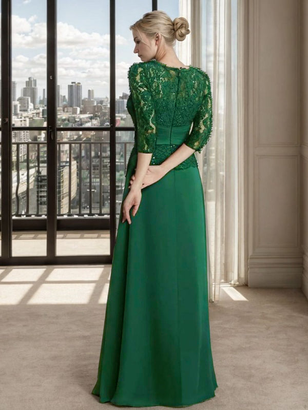A-line Scoop 3/4 Sleeves Appliques Lace Floor-Length Chiffon Mother of the Bride Dress