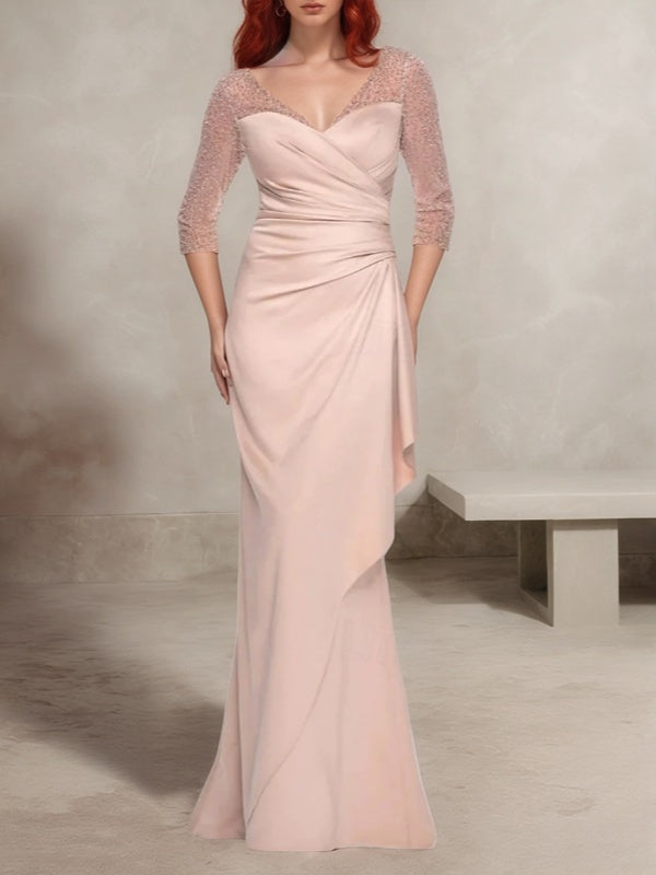 Sheath V-neck 3/4 Sleeves Pleated Floor-Length Charmeuse Mother of the Bride Dress