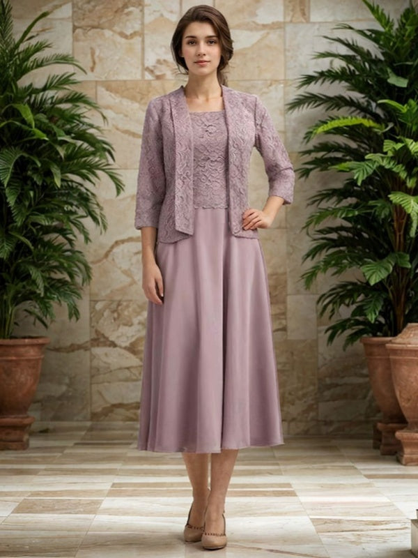 A-line Square 3/4 Sleeves Ruffles Tea-Length Chiffon Mother of the Bride Dress