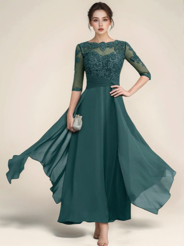 A-line Bateau 1/2 Sleeves Appliques Lace Ankle-Length Chiffon Mother of the Bride Dress