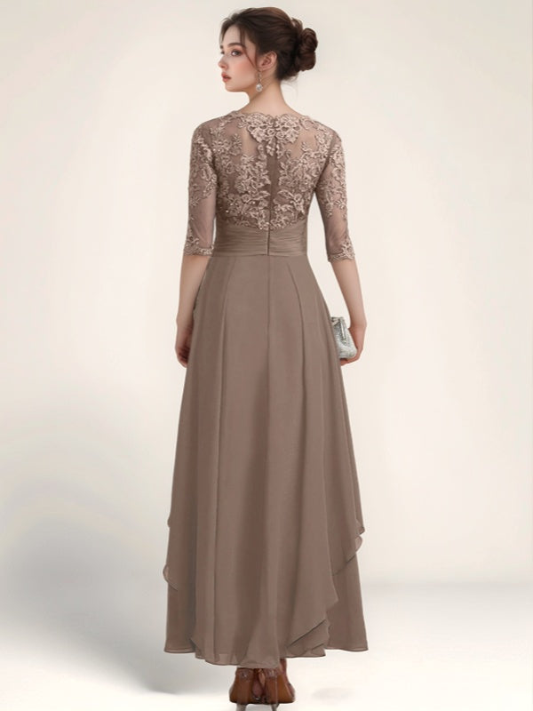 A-line Bateau 1/2 Sleeves Appliques Lace Ankle-Length Chiffon Mother of the Bride Dress